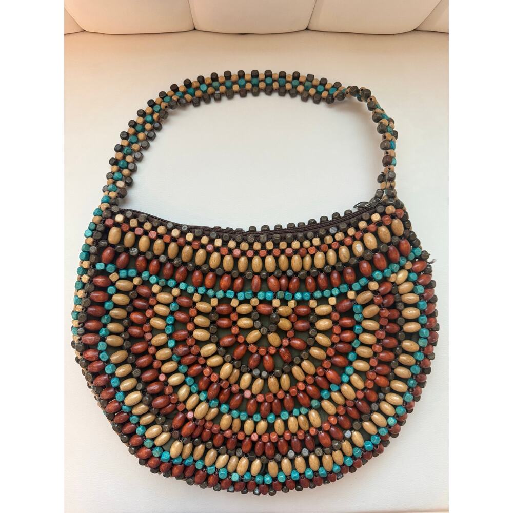 Boho wood beaded shoulder bag